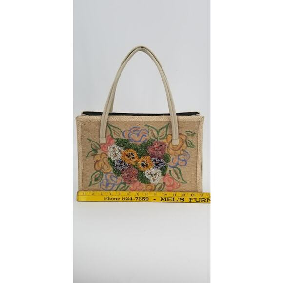 Caron Vintage Houston Texas Hand Bag purse Florals Top handle Beaded  Tapestry - Picture 5 of 10